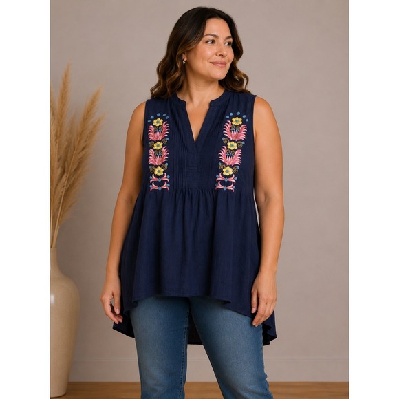 Tiny Tops - TINY Anthropologie Embroidered High Low Top Womens Size M Navy Blue Boho Pintuck